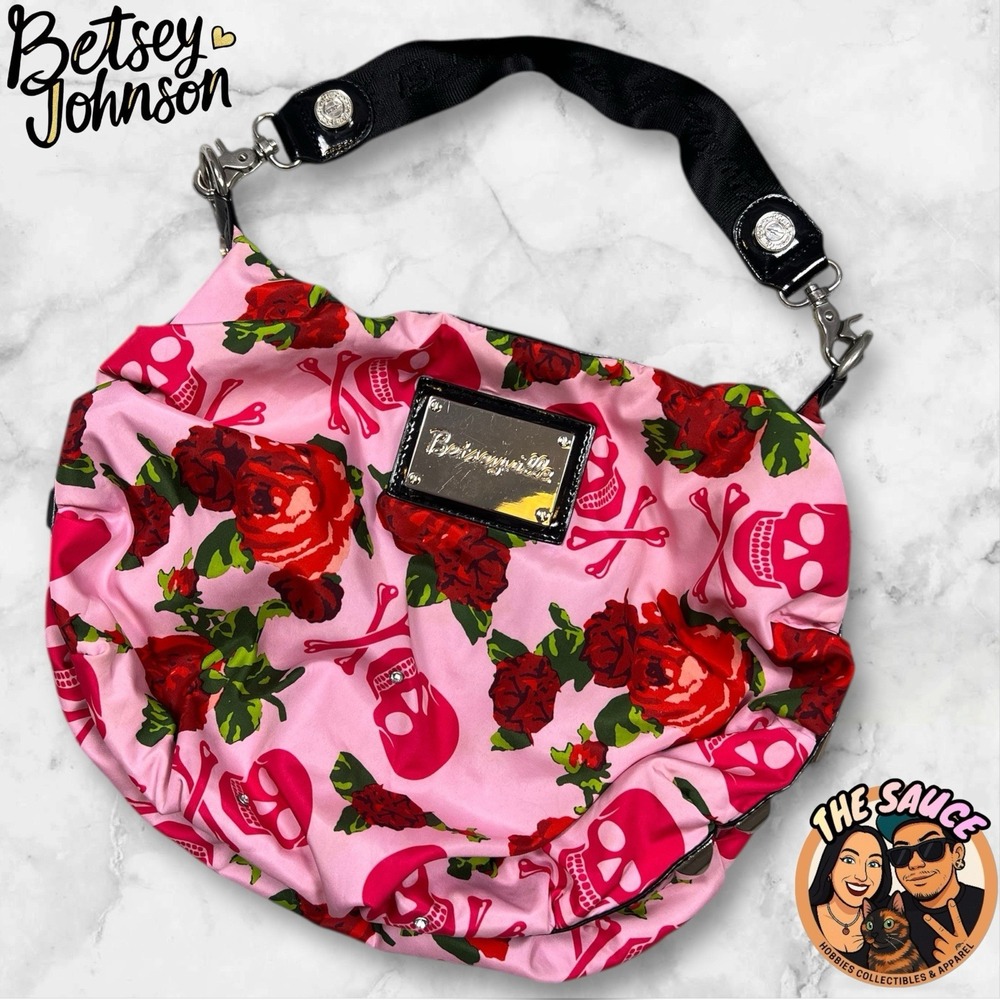 Betseyville Pink Skull Rose Print Hobo Shoulder Bag Studded Accents Y2K Emo Goth